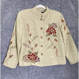 Alex Lin Embroidered‎ Jacket Beige Red Floral Boho Cottagecore Artsy Women's M